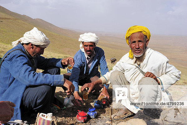 Drei reisende Männer mit Turban bei einer Teepause im Hohen Atlas  Marokko  Afrika