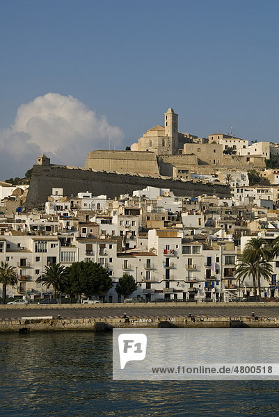 Cathedral of Ibiza and suburb of La Marina as seen from the harbour  Ibiza  Spain  Europe