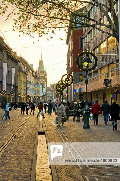 Seasonally decorated shopping street with Baechle brook  Kaiser-Josef-Strasse  Freiburg im Breisgau  Baden-Wuerttemberg  Germany  Europe