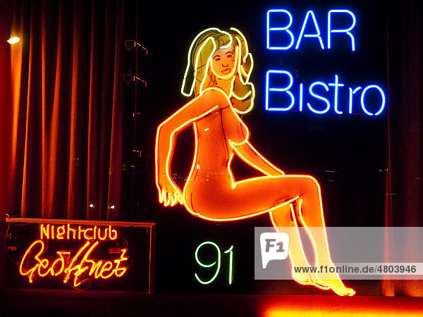 Erotic neon sign in the red light district  Frankfurt  Hesse  Germany  Europe