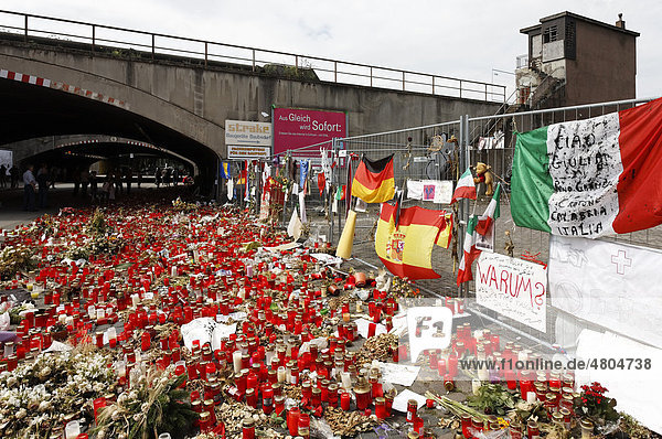 Hundreds of candles to remember the victims of the crowd crush at the Loveparade 2010 Duisburg North Rhine-Westphalia Germany Europe