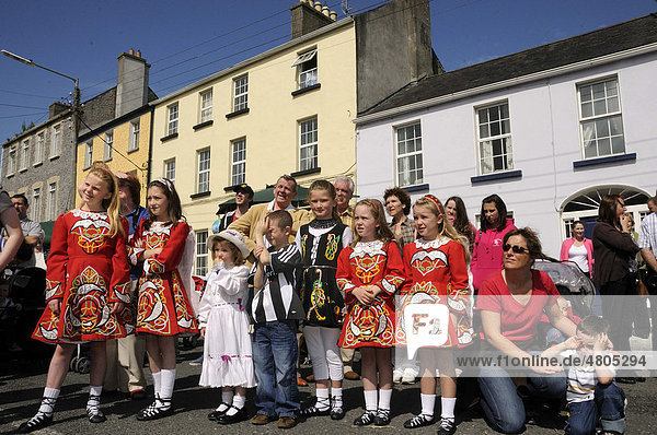 Children wearing traditional costume with typical hand knitted modern Celtic motives  dance event at the town fair  Birr  Offaly  Midlands  Ireland  Europe