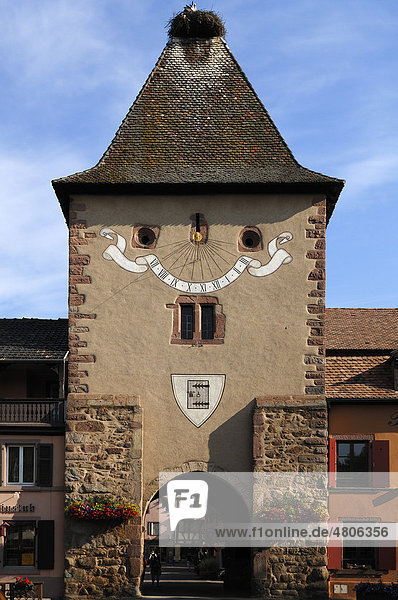 Altes Untertor Porte de France mit Storchennest  14. Jhd  Place RÈpublique  Türckheim  Elsass  Frankreich  Europa