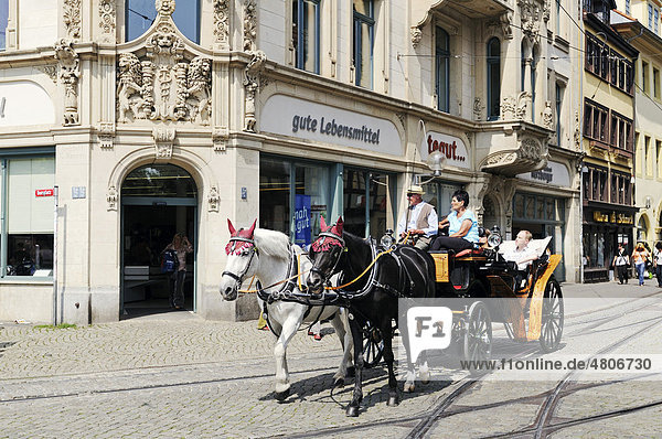 Horse-drawn carriage for tourists  Domplatz cathedral square  Erfurt  Thuringia  Germany  Europe