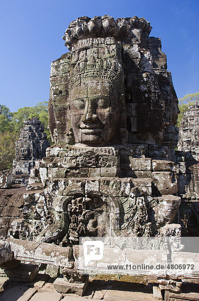Stone face of Bodhisattva Lokeshvara  Bayon Temple  Angkor temples  Siem Reap  Cambodia  Indochina  Southeast Asia