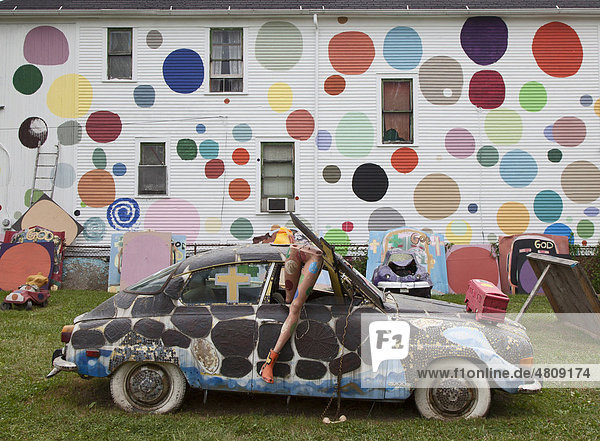Art work at the Heidelberg Project an outdoor public art project in a depressed neighborhood of Detroit created by artist Tyree Guyton Detroit Michigan USA America