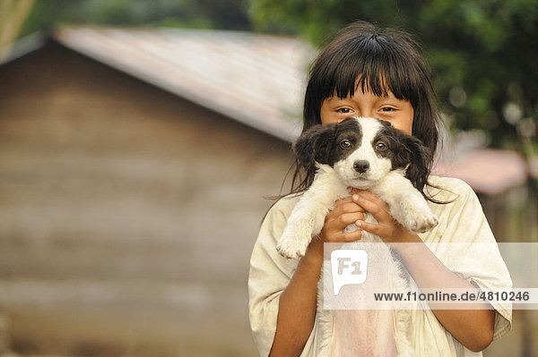 Child of the Lacandon Maya with a young dog in the rainforest of Chiapas  last descendants of the Maya  Mexico  North America