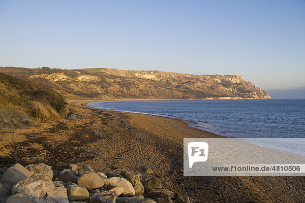 Blick auf Küstenbucht mit Kreide-Landzunge an einem Winternachmittag  Ringstead Bay  Dorset  England  Großbritannien  Europa