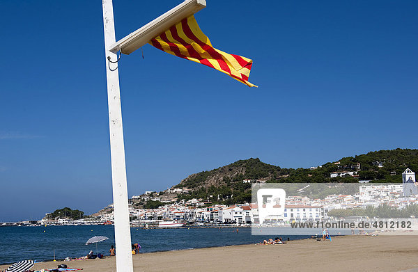 Catalan national flag on the beach at Port de la Selva  Puerto de la Selva  Costa Brava  Catalonia  Spain  Europe