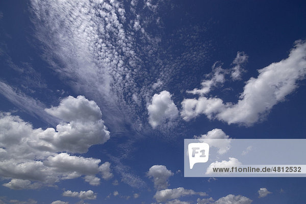 Wolkenspiel  Cumuli und Cirren  vor blauem Himmel