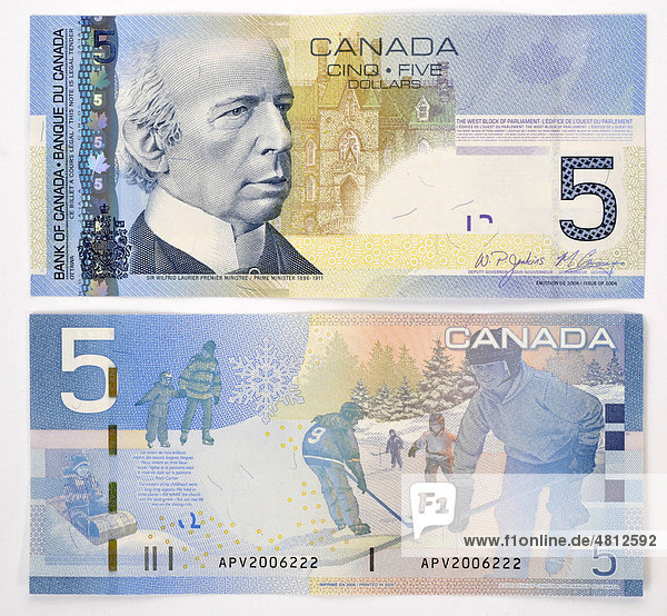 Kanadische 5-Dollar Banknote  Vorderseite  Rückseite