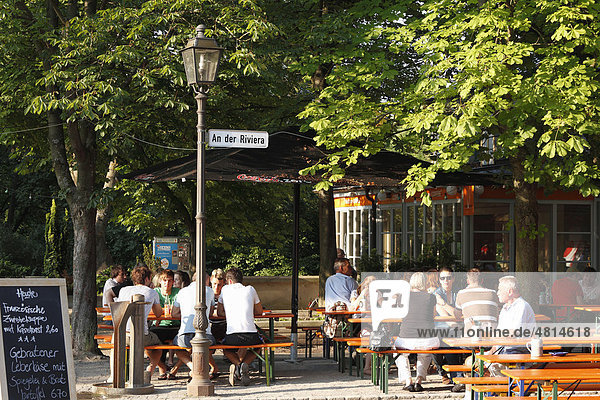 Beer garden on the Riviera  in a street called An der Riviera  Ansbach  Middle Franconia  Franconia  Bavaria  Germany  Europe