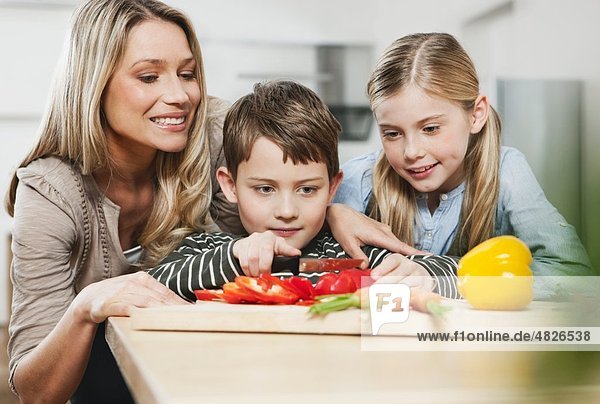 Deutschland    Mutter und Kinder schneiden Gemüse in der Küche