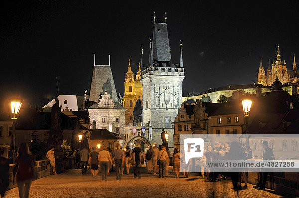 Night shot  tower  Charles Bridge  Old Town  Prague  Czech Republic  Europe
