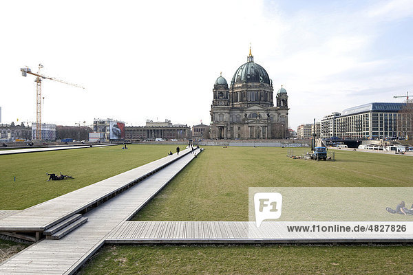 Schlossplatz square  temporary use as a park  Berliner Dom cathedral in the back  Mitte district  Berlin  Germany  Europe