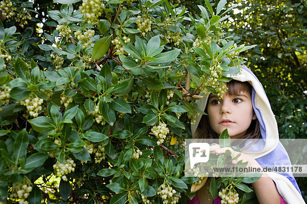 Mädchen im Umhang mit Kapuze in Büschen versteckt