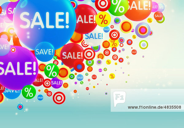 Colorful bubbles with percent signs and “sale sign