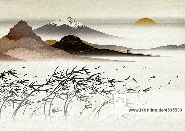 Stilisierte japanische Landschaft mit Fujijama