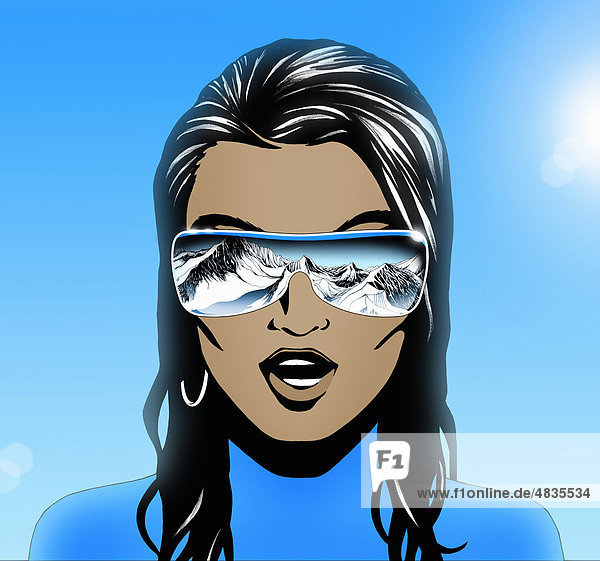 Snow-covered mountains reflected in woman’s sunglasses