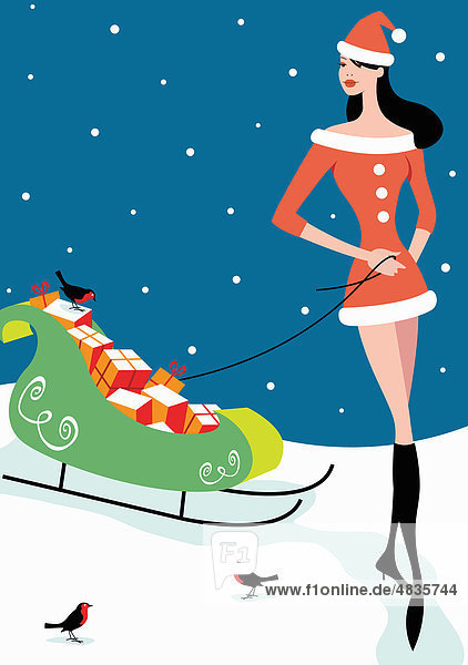 Frau in Weihnachtsmannkostüm zieht einen Schlitten