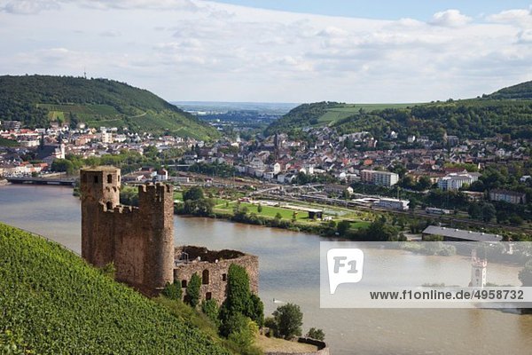 Europa  Deutschland  Hessen  Bingen  Blick auf Burg Ehrenfels und Mäuseturm am Rhein