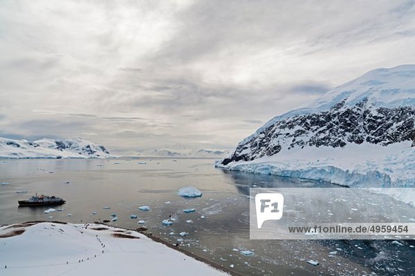 South Atlantic Ocean  Antarctica  Antarctic Peninsula  Gerlache Strait  Neko Harbour  Tourist and polar star icebreaker cruise ship at harbour