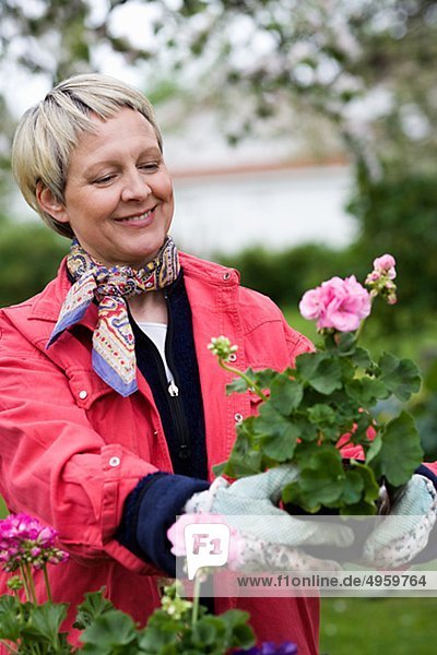 A woman planting flowers  Sweden.