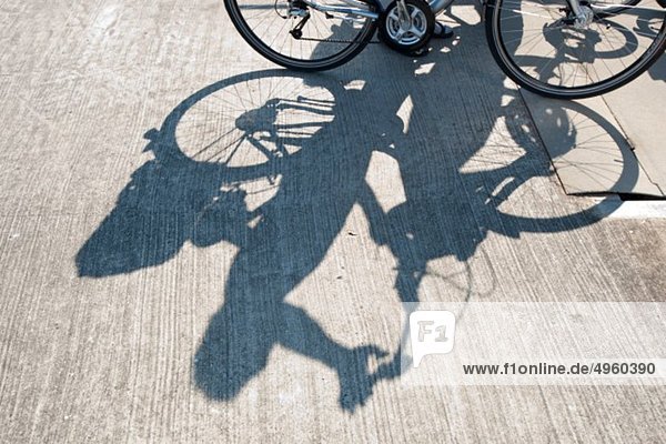 Deutschland Immenstaad Schatten des Radfahrers mit Fahrrad am Steg