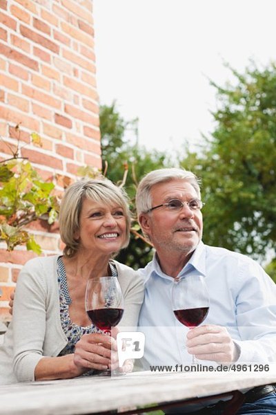 Germany  Kratzeburg  Senior couple with wine glass sitting near country house