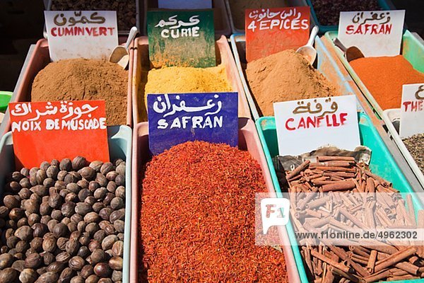 Various spices in market stall  close-up