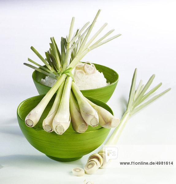 Bundle of fresh citronella and a bowl of rice