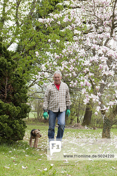 Älterer Mann geht mit seinem Hund spazieren