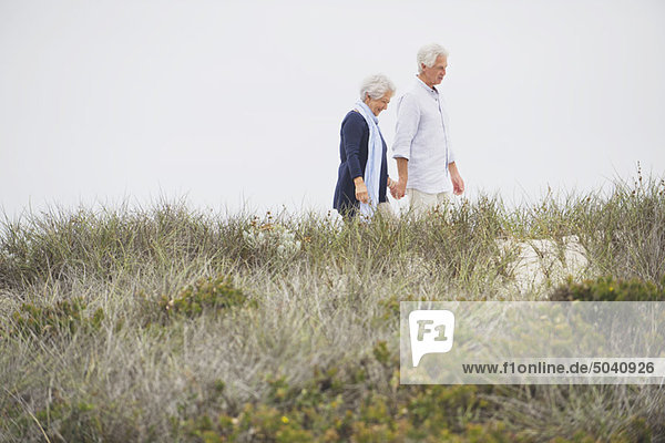 Senior couple walking on the beach with holding hands of each other