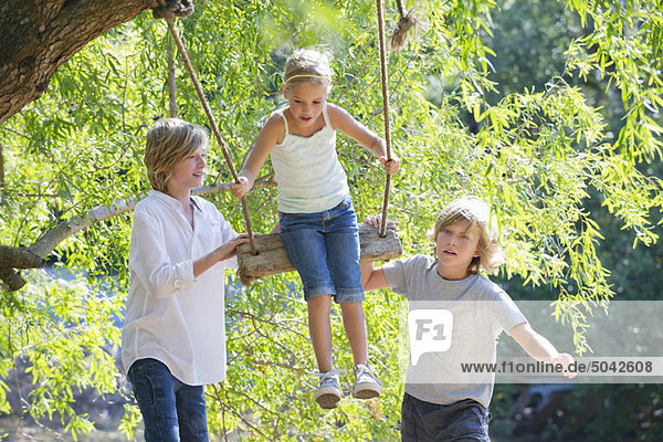 Smiling little siblings playing in tree swing