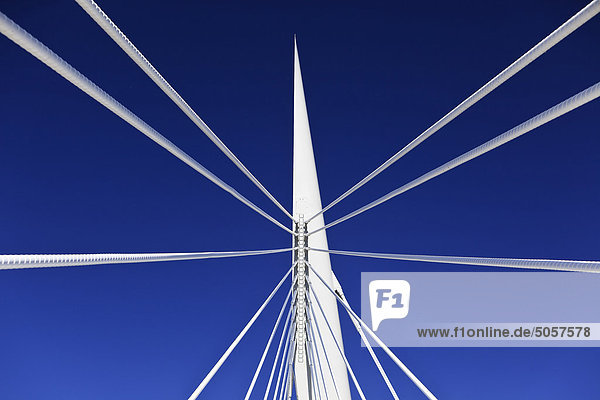 Unterstützen Sie Kabel der Esplanade Riel Brücke zu  und deaktivieren Sie blauen Himmel. Winnipeg  Manitoba  Kanada.