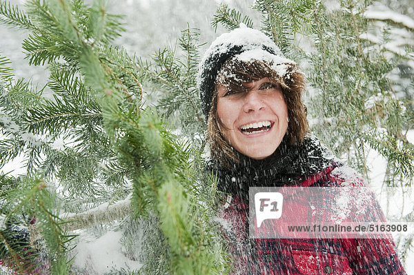 Österreich  Land Salzburg  Flachau  Junge Frau mit Weihnachtsbaum