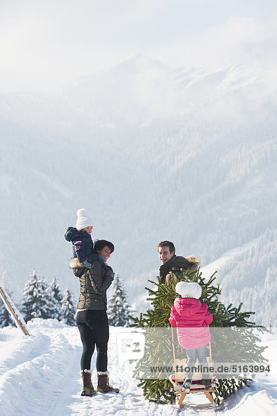 Austria  Salzburg Country  Flachau  View of family carrying christmas tree and sledge in snow