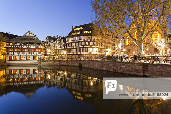 France  Alsace  Strasbourg  Petite-France  L'ill River  View of Place Benjamin Zix at night