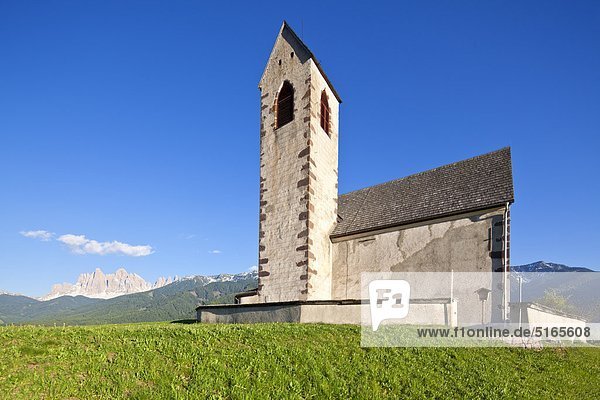 Church St. Jakob am Joch in front of the Geislerspitzen Villnoess Valley Dolomites Italy
