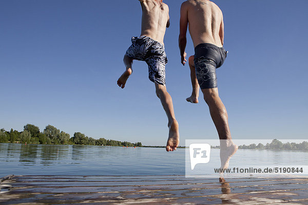 Vater und Sohn springen in den See