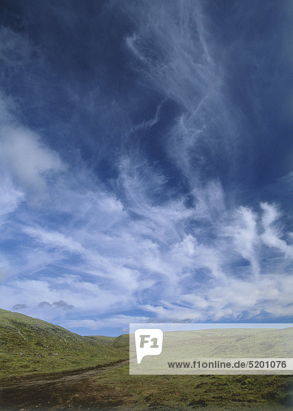 Weiter Himmel mit Federwolken über Tundralandschaft  Island