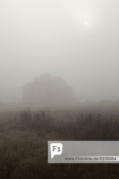 A building in a misty field