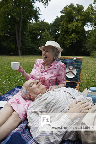Seniorenpaare haben ein gemütliches Picknick im Park.