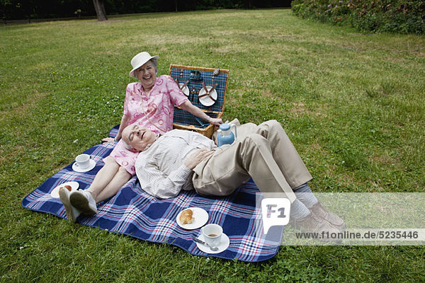 Seniorenpaare haben ein gemütliches Picknick im Park.
