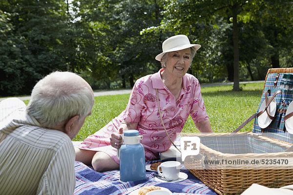 Senior couple having relaxing picnic in park