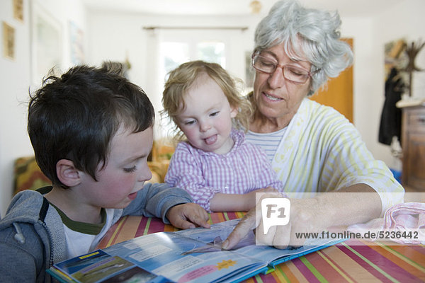 Großmutter Lesebuch mit jungen Enkelkindern