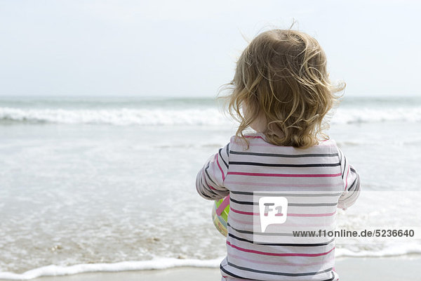 Kleinkind am Strand  Blick aufs Meer  Rückansicht