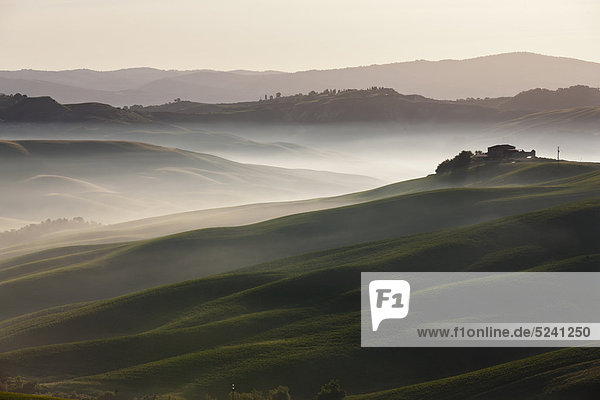 Italien  Toskana  Kreta  Blick auf Bauernhof mit Nebel auf Hügellandschaft