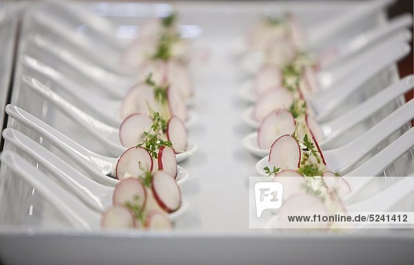 Appetitliche Canapes in Reihe angeordnet