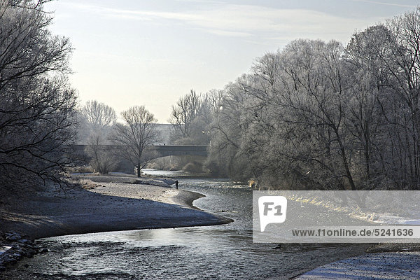 Fluss Isar im Winter  bei München  Bayern